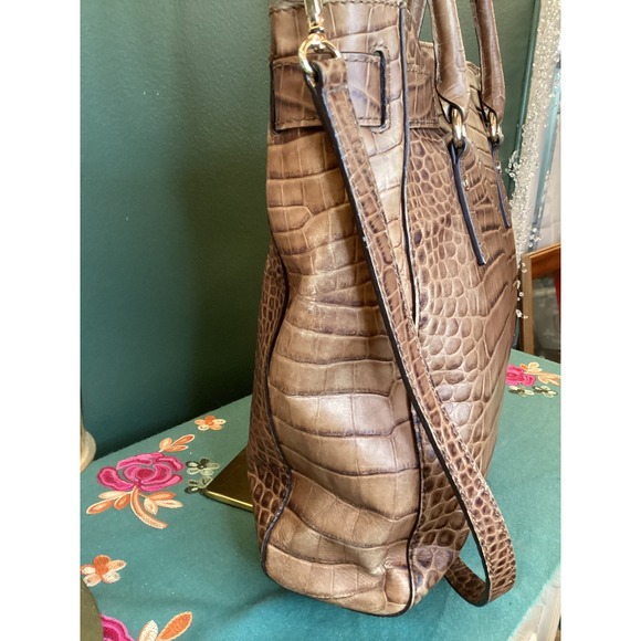 Michael Kors Croc Embossed Leather Tote Bag Gold Hardware Top Handle Bag - Picture 4 of 7